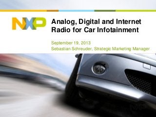 Analog, Digital and Internet
Radio for Car Infotainment
September 19, 2013
Sebastian Schreuder, Strategic Marketing Manager
 