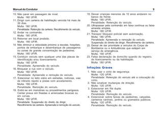 Manual do Condutor 9
10. Não parar em passagem de nível.
Multa: 180 UFIR.
11. Dirigir com carteira de habilitação vencida há mais de
30 dias.
Multa: 180 UFIR.
Penalidade: Retenção da carteira. Recolhimento do veículo.
12. Andar na contramão.
Multa: 180 UFIR.
13. Retornar em local proibido.
Multa: 180 UFIR.
14. Não diminuir a velocidade próximo a escolas, hospitais,
pontos de embarque e desembarque de passageiros
ou zonas de grande concentração de pedestres.
Multa: 180 UFIR.
15. Conduzir veículo sem qualquer uma das placas de
identificação e/ou licenciamento.
Multa: 180 UFIR
Penalidade: Apreensão do veículo.
16. Bloquear a rua com o veículo.
Multa: 180 UFIR.
Penalidade: Apreensão e remoção do veículo.
17. Estacionar no leito viário em estradas, rodovias, vias
de trânsito rápido e pistas com acostamento.
Multa: 180 UFIR.
Penalidade: Remoção do veículo.
18. Exibir-se em manobras ou procedimentos perigosos.
Cantar pneus em freadas e arrancadas bruscas ou
em curvas.
Multa: 180 UFIR.
Penalidade: Suspensão do direito de dirigir.
Recolhimento da carteira. Apreensão e remoção do veículo.
19. Deixar crianças menores de 10 anos andarem no
banco da frente.
Multa: 180 UFIR.
Penalidade: Retenção do veículo.
20. Ultrapassar pela contramão em faixa contínua ou faixa
amarela simples.
Multa: 180 UFIR.
21. Transpor bloqueio policial sem autorização.
Multa: 180 UFIR.
Penalidade: Apreensão e remoção do veículo.
Suspensão do direito de dirigir. Recolhimento da carteira.
22. Deixar de dar prioridade a veículos do Corpo de
Bombeiros ou a Ambulâncias que estejam em
serviço de emergência.
Multa: 180 UFIR.
23. Falsa declaração de domicílio quando do registro,
do licenciamento ou da habilitação.
Multa: 180 UFIR.
Infrações Graves
1. Não usar o cinto de segurança.
Multa: 120 UFIR.
Penalidade: Retenção do veículo até a colocação do
cinto.
2. Não sinalizar mudanças de direção.
Multa: 120 UFIR.
3. Estacionar em fila dupla.
Multa: 120 UFIR.
Penalidade: Remoção do veículo.
4. Estacionar sobre faixas de pedestres, calçadas,
canteiros centrais, jardins ou gramados públicos.
Multa: 120 UFIR.
Penalidade: Remoção do veículo.
 