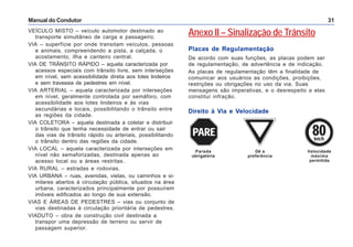 Manual do Condutor 31
VEÍCULO MISTO – veículo automotor destinado ao
transporte simultâneo de carga e passageiro.
VIA – superfície por onde transitam veículos, pessoas
e animais, compreendendo a pista, a calçada, o
acostamento, ilha e canteiro central.
VIA DE TRÂNSITO RÁPIDO – aquela caracterizada por
acessos especiais com trânsito livre, sem interseções
em nível, sem acessibilidade direta aos lotes lindeiros
e sem travessia de pedestres em nível.
VIA ARTERIAL – aquela caracterizada por interseções
em nível, geralmente controlada por semáforo, com
acessibilidade aos lotes lindeiros e às vias
secundárias e locais, possibilitando o trânsito entre
as regiões da cidade.
VIA COLETORA – aquela destinada a coletar e distribuir
o trânsito que tenha necessidade de entrar ou sair
das vias de trânsito rápido ou arteriais, possibilitando
o trânsito dentro das regiões da cidade.
VIA LOCAL – aquela caracterizada por interseções em
nível não semaforizadas, destinada apenas ao
acesso local ou a áreas restritas.
VIA RURAL – estradas e rodovias.
VIA URBANA – ruas, avenidas, vielas, ou caminhos e si-
milares abertos à circulação pública, situados na área
urbana, caracterizados principalmente por possuírem
imóveis edificados ao longo de sua extensão.
VIAS E ÁREAS DE PEDESTRES – vias ou conjunto de
vias destinadas à circulação prioritária de pedestres.
VIADUTO – obra de construção civil destinada a
transpor uma depressão de terreno ou servir de
passagem superior.
Anexo II – Sinalização de Trânsito
Placas de Regulamentação
De acordo com suas funções, as placas podem ser
de regulamentação, de advertência e de indicação.
As placas de regulamentação têm a finalidade de
comunicar aos usuários as condições, proibições,
restrições ou obrigações no uso da via. Suas
mensagens são imperativas, e o desrespeito a elas
constitui infração.
Direito à Via e Velocidade
Parada
obrigatória
Velocidade
máxima
permitida
Dê a
preferência
 