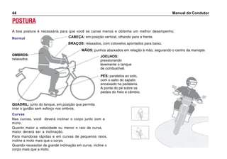 Manual do Condutor44
OMBROS:
relaxados.
CABEÇA: em posição vertical, olhando para a frente.
BRAÇOS: relaxados, com cotovelos apontados para baixo.
MÃOS: punhos abaixados em relação à mão, segurando o centro da manopla
JOELHOS:
pressionando
levemente o tanque
de combustível.
PÉS: paralelos ao solo,
com o salto do sapato
encaixado na pedaleira.
A ponta do pé sobre os
pedais do freio e câmbio.
QUADRIL: junto do tanque, em posição que permita
virar o guidão sem esforço nos ombros.
POSTURA
A boa postura é necessária para que você se canse menos e obtenha um melhor desempenho.
Normal
Curvas
Nas curvas, você deverá inclinar o corpo junto com a
moto.
Quanto maior a velocidade ou menor o raio de curva,
maior deverá ser a inclinação.
Para manobras rápidas e em curvas de pequenos raios,
incline a moto mais que o corpo.
Quando necessitar de grande inclinação em curva, incline o
corpo mais que a moto.
 