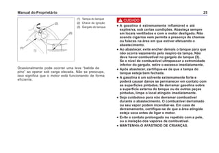 Manual do Proprietário 25
(1) Tampa do tanque
(2) Chave de ignição
(3) Gargalo do tanque
(2)
(1)
(3)
••••• A gasolina é extremamente inflamável e até
explosiva, sob certas condições. Abasteça sempre
em locais ventilados e com o motor desligado. Não
acenda cigarros nem permita a presença de chamas
ou faíscas na área em que estiver efetuando o
abastecimento.
••••• Ao abastecer, evite encher demais o tanque para que
não ocorra vazamento pelo respiro da tampa. Não
deve haver combustível no gargalo do tanque (3).
Se o nível de combustível ultrapassar a extremidade
inferior do gargalo, retire o excesso imediatamente.
••••• Após abastecer, certifique-se de que a tampa do
tanque esteja bem fechada.
••••• A gasolina é um solvente extremamente forte e
poderá causar danos se permanecer em contato com
as superfícies pintadas. Se derramar gasolina sobre
a superfície externa do tanque ou de outras peças
pintadas, limpe o local atingido imediatamente.
••••• Seja cuidadoso para não derramar combustível
durante o abastecimento. O combustível derramado
ou seu vapor podem incendiar-se. Em caso de
derramamento, certifique-se de que a área atingida
esteja seca antes de ligar o motor.
••••• Evite o contato prolongado ou repetido com a pele,
ou a inalação dos vapores de combustível.
••••• MANTENHA-O AFASTADO DE CRIANÇAS.
Ocasionalmente pode ocorrer uma leve “batida de
pino” ao operar sob carga elevada. Não se preocupe,
isso significa que o motor está funcionando de forma
eficiente.
! CUIDADO
 