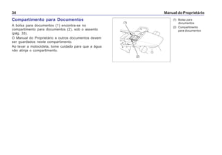 Manual do Proprietário34
Compartimento para Documentos
A bolsa para documentos (1) encontra-se no
compartimento para documentos (2), sob o assento
(pág. 33).
O Manual do Proprietário e outros documentos devem
ser guardados neste compartimento.
Ao lavar a motocicleta, tome cuidado para que a água
não atinja o compartimento.
(1) Bolsa para
documentos
(2) Compartimento
para documentos
(2)
(1)
 