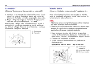 Manual do Proprietário52
Acelerador
(Observe “Cuidados na Manutenção” na página 46.)
1. Verifique se a manopla do acelerador funciona suave-
mente, da posição totalmente aberta até a posição
totalmente fechada, em todas as posições do guidão.
2. Meça a folga no flange da manopla. A folga-padrão
deve ser de aproximadamente 2 – 6 mm.
Para ajustar a folga, solte a contraporca (1) e gire o
ajustador (2) no sentido desejado a fim de aumentar
ou diminuir a folga. Reaperte a contraporca e verifique
novamente a folga da manopla.
(1) Contraporca
(2) Ajustador
Marcha Lenta
(Observe “Cuidados na Manutenção” na página 46.)
Para uma regulagem precisa da rotação da marcha
lenta, é necessário aquecer o motor. Dez minutos de
funcionamento são suficientes.
NOTA
• Não tente compensar problemas de outros sistemas
por meio do ajuste da marcha lenta.
• Consulte sua concessionária autorizada Honda para
ajustes do carburador programados regularmente,
que incluem limpeza, inspeção e ajuste.
1. Ligue e aqueça o motor até atingir a temperatura
normal de funcionamento. Coloque a transmissão em
ponto morto e apóie a motocicleta na posição vertical.
2. Conecte um tacômetro ao motor.
3. Ajuste a marcha lenta através do parafuso de
aceleração (1).
Rotação da marcha lenta: 1.400 ± 100 rpm
(1) Parafuso de
aceleração
(A) Aumenta a rotação
(B) Diminui a rotação
(1)
(A)
(B)
(2)
(1)
 