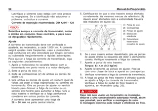 Manual do Proprietário54
ATENÇÃO
Substitua sempre a corrente de transmissão, coroa
e pinhão em conjunto. Caso contrário, a peça nova
se desgastará rapidamente.
Lubrifique a corrente caso esteja com elos presos
ou engripados. Se a lubrificação não solucionar o
problema, substitua a corrente.
Corrente de reposição recomendada: DID 428H – 128
Ajuste
A corrente de transmissão deve ser verificada e
ajustada, se necessário, a cada 1.000 km. A corrente
exigirá ajustes mais freqüentes, caso a motocicleta
seja conduzida em alta velocidade por longos períodos
ou submetida freqüentemente a rápidas acelerações.
Para ajustar a folga da corrente de transmissão, siga
os seguintes procedimentos:
1. Apóie a motocicleta no cavalete lateral, com a
transmissão em ponto morto e o motor desligado.
2. Solte a porca do eixo (1).
3. Solte as contraporcas (2) de ambas as porcas de
ajuste (3).
4. Gire ambas as porcas de ajuste um número igual de
voltas até obter a folga especificada na corrente de
transmissão. Gire as porcas de ajuste no sentido
horário para diminuir a folga da corrente ou no
sentido anti-horário para aumentar a folga. Gire a
roda traseira e verifique se a folga permanece
constante em outros pontos da corrente.
A corrente deve apresentar uma folga de
20 – 30 mm na parte central inferior.
6. Se o eixo traseiro estiver desalinhado, gire as porcas
de ajuste direita ou esquerda até obter o alinhamento
correto. Verifique novamente a folga da corrente.
7. Aperte a porca do eixo traseiro.
Torque: 93 N.m (9,3 kgf.m)
8. Aperte levemente as porcas de ajuste. Fixe-as
com uma chave de boca e aperte as contraporcas.
9. Verifique novamente a folga da corrente de transmissão.
10. A folga do pedal do freio traseiro é afetada quando
se ajusta a folga da corrente de transmissão.
Verifique a folga do pedal do freio traseiro e
ajuste-a, se necessário (pág. 20).
Caso não seja usado um torquímetro na instalação,
dirija-se a uma concessionária autorizada Honda, assim
que possível, para verificar a montagem da roda.
A montagem incorreta pode reduzir a eficiência do freio.
! CUIDADO
(1) Porca do eixo
(2) Contraporcas
(3) Porcas de ajuste
(4) Marcas de
referência
(5) Extremidade
traseira dos
ressaltos de ajuste
(2)
(3) (5)
(4) (1)
(5)
(4)
5. Certifique-se de que o eixo traseiro esteja alinhado
corretamente. As mesmas marcas de referência (4)
devem estar alinhadas com a extremidade traseira
dos ressaltos de ajuste (5).
 