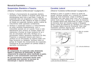 Manual do Proprietário 57
Suspensões Dianteira e Traseira
(Observe “Cuidados na Manutenção” na página 46.)
1. Verifique o funcionamento da suspensão dianteira,
acionando o freio dianteiro e forçando várias vezes os
amortecedores para cima e para baixo. A ação da
suspensão deve ser progressiva e suave. Verifique se
há vazamentos de óleo. Observe se todos os pontos
de fixação da suspensão dianteira, guidão e painel de
instrumentos estão apertados corretamente.
2. Verifique a suspensão traseira e o embuchamento
do braço oscilante freqüentemente, com a
motocicleta apoiada em um suporte. Force a roda
lateralmente para verificar se existem folgas nos
rolamentos e buchas do braço oscilante ou se o
eixo de articulação está solto. Verifique se o
amortecedor traseiro apresenta vazamento de óleo.
Pressione a suspensão traseira para baixo e
verifique se as articulações do sistema estão com
folga excessiva ou desgaste. Verifique todos os
pontos de fixação dos componentes da suspensão.
Certifique-se de que estejam em perfeito estado e
apertados corretamente.
! CUIDADO
Os componentes da suspensão estão diretamente
ligados à segurança da motocicleta. Se algum
componente da suspensão estiver danificado ou gasto,
dirija-se a uma concessionária autorizada Honda.
As concessionárias autorizadas Honda estão
qualificadas para executar os serviços de
manutenção e reparos necessários.
Cavalete Lateral
(Observe “Cuidados na Manutenção” na página 46.)
Verifique a mola (1) quanto a danos ou perda de
tensão. Verifique também se o conjunto do cavalete
lateral se move livremente. Limpe e lubrifique a
articulação com óleo para motor novo, se o cavalete
estiver muito preso. Verifique se o apoio de borracha
do cavalete lateral está deteriorado ou gasto. O apoio
de borracha deve ser trocado quando o desgaste
atingir a linha de referência (2). Verifique se o conjunto
do cavalete lateral move-se livremente. Caso seja
necessário substituir alguma peça, procure uma
concessionária autorizada Honda.
(1) Mola do cavalete
lateral
(1)
(2) Linha de referência
Substitua se o desgaste atingir qualquer
ponto da linha de referência.
Bom Substituir
(2)
 