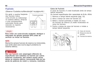 Manual do Proprietário64
Fusíveis
(Observe “Cuidados na Manutenção” na página 46.)
Em geral, a queima freqüente
dos fusíveis indica
curto-circuito ou sobrecarga
no sistema elétrico. Dirija-se
a uma concessionária
autorizada Honda para
executar os reparos
necessários.
Não use fusíveis com amperagem diferente da
especificada nem substitua os fusíveis por outros
materiais condutores. Isto poderá causar sérios
danos ao sistema elétrico, provocando falta de luz,
perda de potência do motor e, inclusive, incêndios.
! CUIDADO
Caixa de Fusíveis
A caixa de fusíveis (1) está localizada atrás da tampa
lateral esquerda.
Os fusíveis especificados têm capacidade de 5 A e 10 A.
1. Remova a tampa lateral esquerda (pág. 33).
2. Abra a tampa da caixa de fusíveis (2).
3. Retire o fusível queimado e instale um novo.
Os fusíveis de reserva (3) estão localizados na
caixa de fusíveis.
4. Feche a tampa da caixa de fusíveis e instale a
tampa lateral esquerda.
(1) Caixa de fusíveis
(2) Tampa da caixa de
fusíveis
(3) Fusíveis de reserva
Fusível queimado
Para evitar um curto-circuito acidental, desligue o
interruptor de ignição (posição OFF) antes de
verificar ou trocar os fusíveis.
NOTA
Mantenha sempre fusíveis de reserva na motocicleta,
que serão úteis caso ocorra algum problema no
sistema elétrico.
ATENÇÃO
(1)
(2)
(3)
 