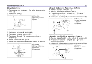Manual do Proprietário 67
Lâmpada do Farol
1. Remova os dois parafusos (1) e retire a carcaça do
farol (2).
2. Remova o farol (3).
3. Remova o soquete (4) sem girá-lo.
4. Remova a capa de borracha (5).
5. Remova a lâmpada (7), enquanto pressiona a
presilha (6).
6. Retire a lâmpada sem girá-la.
7. Instale uma nova lâmpada na ordem inversa da remoção.
(1) Parafuso
(2) Carcaça do farol
(3) Farol
(1)
(2)
(3)
Lâmpada da Lanterna Traseira/Luz do Freio
1. Remova os dois parafusos (1).
2. Remova a lente da lanterna traseira (2).
3. Pressione levemente a lâmpada (3) e gire-a no
sentido anti-horário.
4. Instale uma nova lâmpada na ordem inversa da remoção.
Lâmpadas das Sinaleiras Dianteira e Traseira
1. Remova o parafuso (1) e retire a lente da sinaleira (2).
2. Pressione levemente a lâmpada (3) e gire-a no
sentido anti-horário.
3. Instale uma nova lâmpada na ordem inversa da remoção.
(1) Parafuso
(2) Lente da sinaleira
(3) Lâmpada
(4) Soquete
(5) Capa de borracha
(6) Presilha
(7) Lâmpada
(4)
(6)
(7)
(5)
(1) Parafusos
(2) Lente da lanterna
traseira
(3) Lâmpada
(1)
(3)
(2)
(1)
(2)
(3)
 