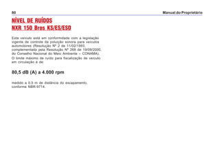 Manual do Proprietário80
NÍVEL DE RUÍDOS
NXR 150 Bros KS/ES/ESD
Este veículo está em conformidade com a legislação
vigente de controle da poluição sonora para veículos
automotores (Resolução Nº 2 de 11/02/1993,
complementada pela Resolução Nº 268 de 19/09/2000,
do Conselho Nacional do Meio Ambiente – CONAMA).
O limite máximo de ruído para fiscalização de veículo
em circulação é de:
80,5 dB (A) a 4.000 rpm
medido a 0,5 m de distância do escapamento,
conforme NBR-9714.
 