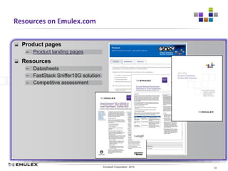 Resources on Emulex.com

  Product pages
   – Product landing pages
  Resources
   – Datasheets
   – FastStack Sniffer10G solution
   – Competitive assessment




                             Emulex Confidential - © 2012 Emulex Corporation
                                        Emulex© Corporation 2012               15
 