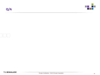 Q/A




      Emulex Confidential - © 2012 Emulex Corporation   19
 