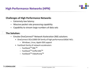 High Performance Networks (HPN)


Challenges of High Performance Networks
    – Extremely low latency
    – Massive packet rate processing capability
    – Capability to stream large numbers of data sets

The Solution:
    – Emulex OneConnect® Network Xceleration (NX) solutions
        • OneConnect OCe12000-DX family of high performance10GbE NICs
            – Windows, Linux, Apple OSX support
        • FastStack family of network accelerators
            – FastStackTM DBLTM
            – FastStackTM Sniffer10GTM
            – FastStackTM VideoPumpTM




                              Emulex Confidential - © 2012 Emulex Corporation
                                         Emulex© Corporation 2012               7
 