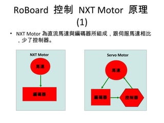 RoBoard 控制 NXT Motor 原理
(1)
馬達
編碼器
NXT Motor
• NXT Motor 為直流馬達與編碼器所組成，跟伺服馬達相比
，少了控制器。
馬達
編碼器
Servo Motor
控制器
 