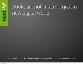 ”The Kindle Killer”
               Books are not created equal in
               new digital world.




               Novels   Childrens books, travel guides   Futuristic poem

ti 9. 2013()
 