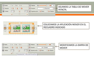 DEJAMOS LA TABLA DE MOVER
INTACTA.
COLOCAMOS LA APLICACIÓN MOVER EN EL
RECUADRO INDICADO
MODIFICAMOS LA BARRA DE
MOVER
 