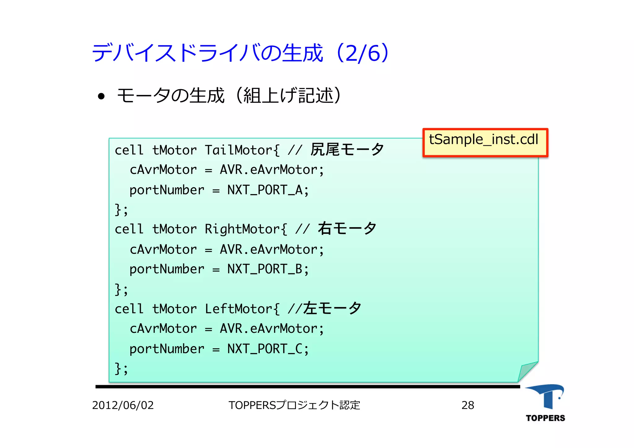 デバイスドライバの⽣生成（2/6）
•  モータの⽣生成（組上げ記述）
cell	 tMotor	 TailMotor{	 //	 尻尾モータ

	 	 cAvrMotor	 =	 AVR.eAvrMotor;

	 	 portNumber	 =	 NXT_PORT_A;

};

cell	 tMotor	 RightMotor{	 //	 右モータ

	 	 cAvrMotor	 =	 AVR.eAvrMotor;

	 	 portNumber	 =	 NXT_PORT_B;

};

cell	 tMotor	 LeftMotor{	 //左モータ

	 	 cAvrMotor	 =	 AVR.eAvrMotor;

	 	 portNumber	 =	 NXT_PORT_C;

};

2012/06/02 TOPPERSプロジェクト認定 28
tSample_inst.cdl
 