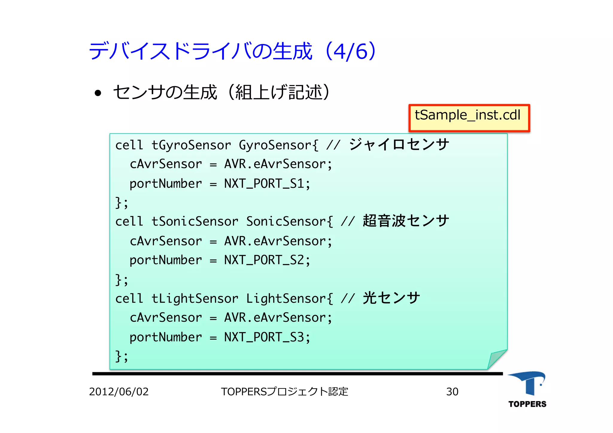 デバイスドライバの⽣生成（4/6）
•  センサの⽣生成（組上げ記述）
cell	 tGyroSensor	 GyroSensor{	 //	 ジャイロセンサ

	 	 cAvrSensor	 =	 AVR.eAvrSensor;

	 	 portNumber	 =	 NXT_PORT_S1;

};

cell	 tSonicSensor	 SonicSensor{	 //	 超音波センサ

	 	 cAvrSensor	 =	 AVR.eAvrSensor;

	 	 portNumber	 =	 NXT_PORT_S2;

};

cell	 tLightSensor	 LightSensor{	 //	 光センサ

	 	 cAvrSensor	 =	 AVR.eAvrSensor;

	 	 portNumber	 =	 NXT_PORT_S3;

};

2012/06/02 TOPPERSプロジェクト認定 30
tSample_inst.cdl
 