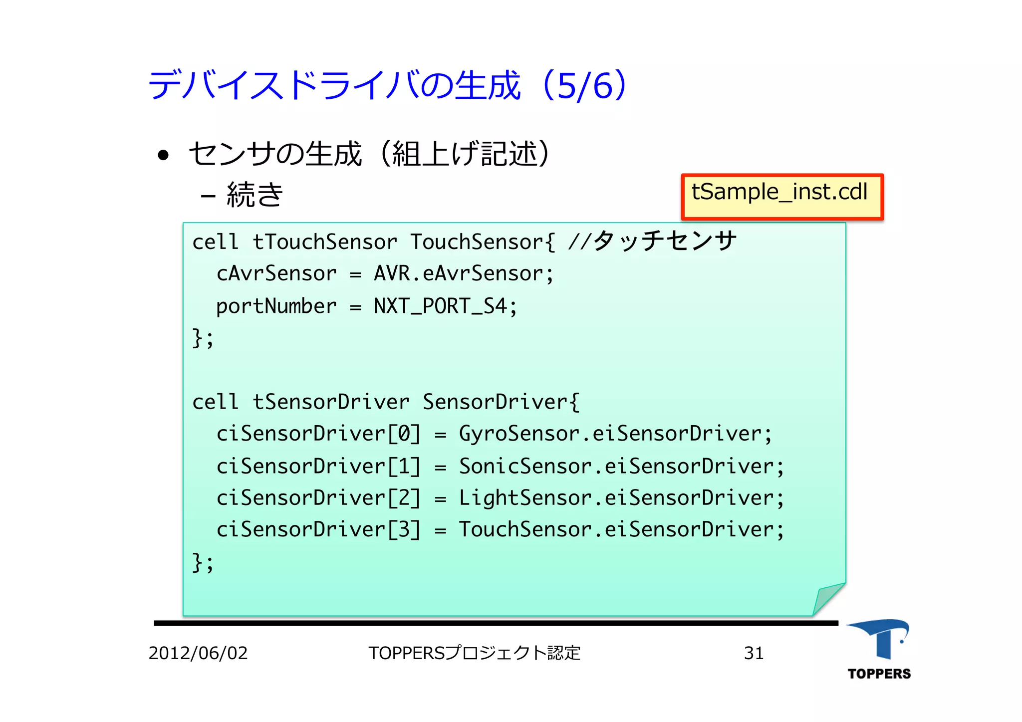 デバイスドライバの⽣生成（5/6）
•  センサの⽣生成（組上げ記述）
‒  続き
cell	 tTouchSensor	 TouchSensor{	 //タッチセンサ

	 	 cAvrSensor	 =	 AVR.eAvrSensor;

	 	 portNumber	 =	 NXT_PORT_S4;

};



cell	 tSensorDriver	 SensorDriver{

	 	 ciSensorDriver[0]	 =	 GyroSensor.eiSensorDriver;

	 	 ciSensorDriver[1]	 =	 SonicSensor.eiSensorDriver;

	 	 ciSensorDriver[2]	 =	 LightSensor.eiSensorDriver;

	 	 ciSensorDriver[3]	 =	 TouchSensor.eiSensorDriver;

};

2012/06/02 TOPPERSプロジェクト認定 31
tSample_inst.cdl
 
