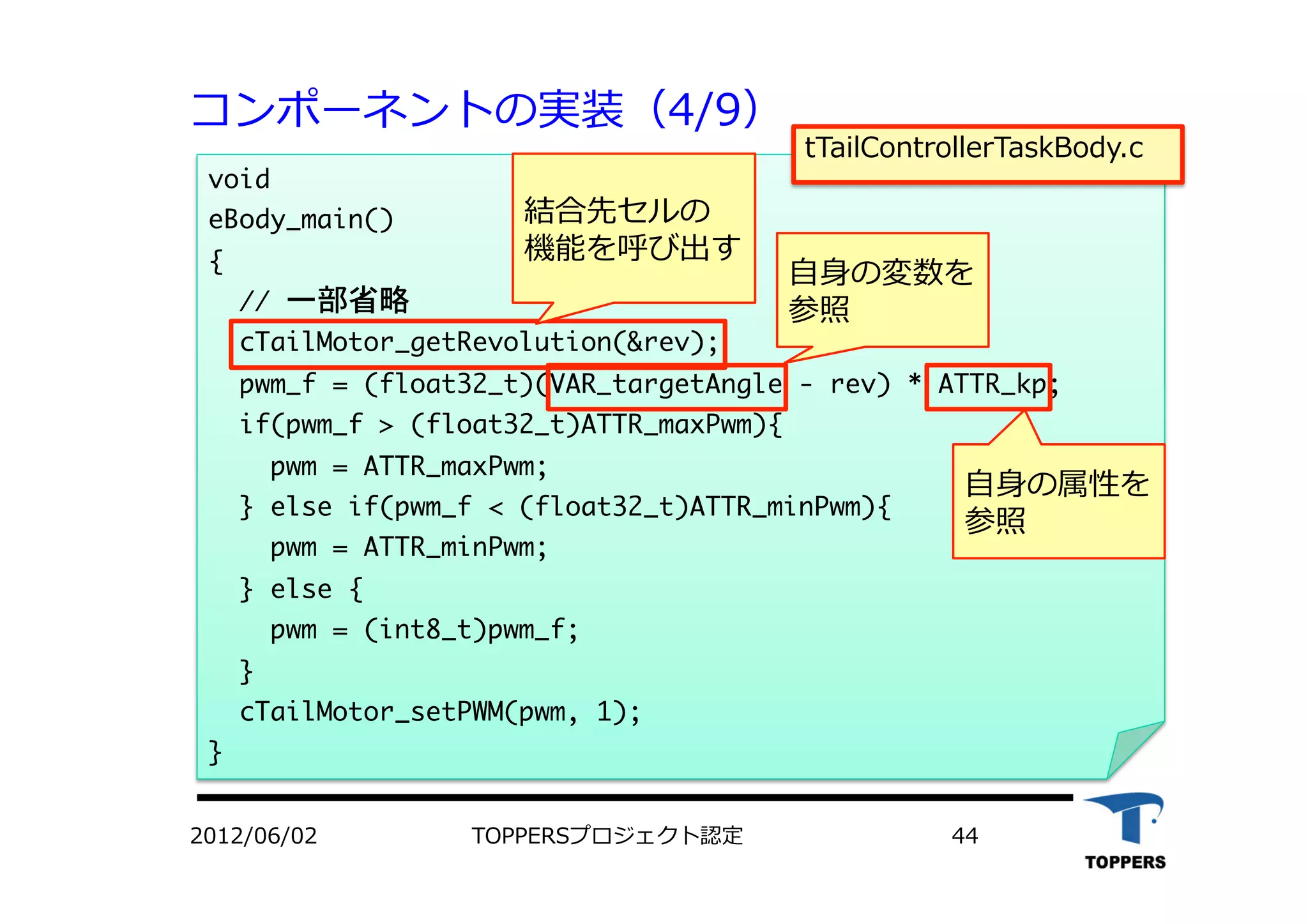 コンポーネントの実装（4/9）
TOPPERSプロジェクト認定 442012/06/02
void

eBody_main()

{

	 	 //	 一部省略

	 	 cTailMotor_getRevolution(&rev);

	 	 pwm_f	 =	 (float32_t)(VAR_targetAngle	 -	 rev)	 *	 ATTR_kp;

	 	 if(pwm_f	 >	 (float32_t)ATTR_maxPwm){

	 	 	 	 pwm	 =	 ATTR_maxPwm;

	 	 }	 else	 if(pwm_f	 <	 (float32_t)ATTR_minPwm){

	 	 	 	 pwm	 =	 ATTR_minPwm;

	 	 }	 else	 {

	 	 	 	 pwm	 =	 (int8_t)pwm_f;

	 	 }

	 	 cTailMotor_setPWM(pwm,	 1);

}

tTailControllerTaskBody.c
結合先セルの
機能を呼び出す
⾃自⾝身の変数を
参照
⾃自⾝身の属性を
参照
 