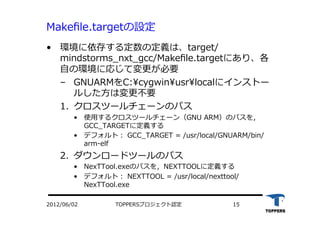 TOPPERSプロジェクト認定 152012/06/02
Makeﬁle.targetの設定
•  環境に依存する定数の定義は、target/
mindstorms_nxt_gcc/Makeﬁle.targetにあり、各
⾃自の環境に応じて変更が必要
‒  GNUARMをC:cygwinusrlocalにインストー
ルした⽅方は変更不要
1.  クロスツールチェーンのパス
•  使⽤用するクロスツールチェーン（GNU ARM）のパスを，
GCC_TARGETに定義する
•  デフォルト： GCC_TARGET = /usr/local/GNUARM/bin/
arm-elf
2.  ダウンロードツールのパス
•  NexTTool.exeのパスを，NEXTTOOLに定義する
•  デフォルト： NEXTTOOL = /usr/local/nexttool/
NexTTool.exe
 