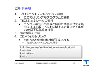 TOPPERSプロジェクト認定 172012/06/02
ビルド⼿手順
1.  プロジェクトディレクトリに移動
•  ここではサンプルプログラムに移動
2.  TECSジェネレータの実⾏行行
•  コンポーネントの⽣生成と結合に関するファイル、
およびコンポーネントに関する定義ファイルが
gen/以下に⽣生成される
3.  依存関係の⽣生成
4.  コンパイル＆リンク
•  asp.rxeとrxeﬂash.shが⽣生成される
•  拡張NXTファームウェアの場合
$ cd ~/tecs_package/asp+tecs/nxt_sample/sample_etrobo/
$ make tecs
$ make depend
$ make
 