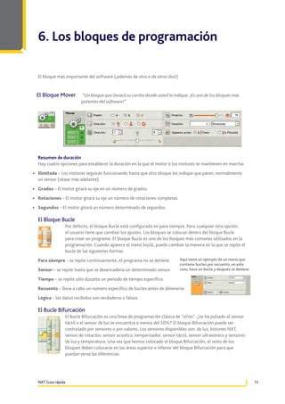 6. Los bloques de programación
El bloque más importante del software (¡además de otro o de otros dos!)

El Bloque Mover

“Un bloque que llevará su carrito donde usted le indique. ¡Es uno de los bloques más
potentes del software!”

Resumen de duración
Hay cuatro opciones para establecer la duración en la que el motor o los motores se mantienen en marcha:

•	 Ilimitada – Los motores seguirán funcionando hasta que otro bloque les indique que paren, normalmente
un sensor (véase más adelante).

•	 Grados – El motor girará su eje en un número de grados.
•	 Rotaciones – El motor girará su eje un número de rotaciones completas.
•	 Segundos – El motor girará un número determinado de segundos

El Bloque Bucle
Por defecto, el bloque Bucle está configurado en para siempre. Para cualquier otra opción,
el usuario tiene que cambiar los ajustes. Los bloques se colocan dentro del bloque Bucle
para crear un programa. El bloque Bucle es uno de los bloques más comunes utilizados en la
programación. Cuando aparece el menú bucle, puede cambiar la manera en la que se repite el
bucle de las siguientes formas:
Para siempre – se repite continuamente, el programa no se detiene.
Sensor – se repite hasta que se desencadena un determinado sensor.

Aquí tiene un ejemplo de un menú que
contiene bucles por recuento, en este
caso, hace un bucle y después se detiene.

Tiempo – se repite sólo durante un periodo de tiempo específico.
Recuento – lleva a cabo un número específico de bucles antes de detenerse.
Lógica – los datos recibidos son verdaderos o falsos.

El Bucle Bifurcación
El Bucle Bifurcación es una línea de programación clásica de “sí/no”. ¿Se ha pulsado el sensor
táctil o el sensor de luz se encuentra a menos del 50%? El bloque Bifurcación puede ser
controlado por sensores o por valores. Los sensores disponibles son: de luz, botones NXT,
sensor de rotación, sensor acústico, temporizador, sensor táctil, sensor ultrasónico y sensores
de luz y temperatura. Una vez que hemos colocado el bloque Bifurcación, el resto de los
bloques deben colocarse en las áreas superior e inferior del bloque Bifurcación para que
puedan verse las diferencias.

NXT Guía rápida

13

 