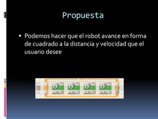 Propuesta
 Podemos hacer que el robot avance en forma
de cuadrado a la distancia y velocidad que el
usuario desee
 