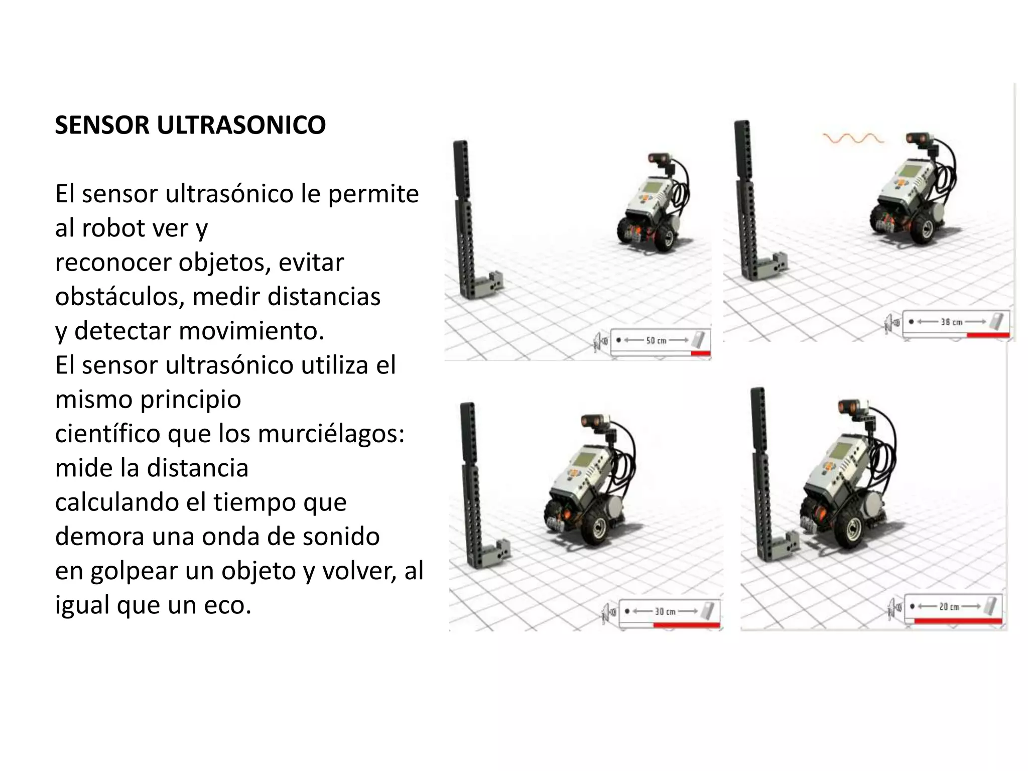 SENSOR ULTRASONICO
El sensor ultrasónico le permite
al robot ver y
reconocer objetos, evitar
obstáculos, medir distancias
y detectar movimiento.
El sensor ultrasónico utiliza el
mismo principio
científico que los murciélagos:
mide la distancia
calculando el tiempo que
demora una onda de sonido
en golpear un objeto y volver, al
igual que un eco.