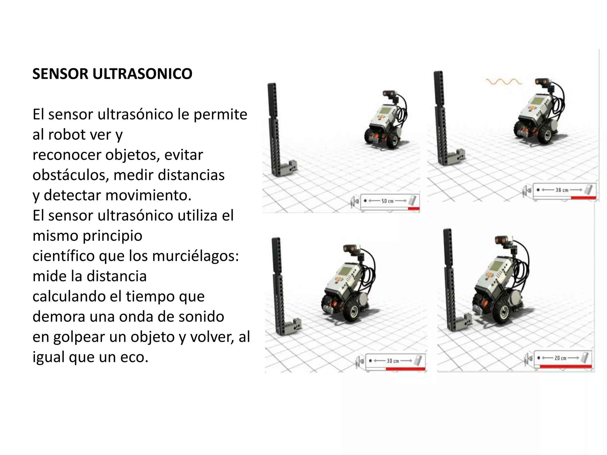 SENSOR ULTRASONICO
El sensor ultrasónico le permite
al robot ver y
reconocer objetos, evitar
obstáculos, medir distancias
y detectar movimiento.
El sensor ultrasónico utiliza el
mismo principio
científico que los murciélagos:
mide la distancia
calculando el tiempo que
demora una onda de sonido
en golpear un objeto y volver, al
igual que un eco.