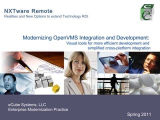 NXTware Remote
Realities and New Options to extend Technology ROI




           Modernizing OpenVMS Integration and Development:
                                    Visual tools for more efficient development and
                                                 simplified cross-platform integration




  eCube Systems, LLC
  Enterprise Modernization Practice
                                                                        Spring LOGO
                                                                               2011
 