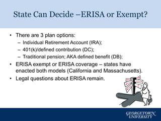 State Can Decide –ERISA or Exempt? 
• There are 3 plan options: 
– Individual Retirement Account (IRA); 
– 401(k)/defined contribution (DC); 
– Traditional pension; AKA defined benefit (DB); 
• ERISA exempt or ERISA coverage – states have 
enacted both models (California and Massachusetts). 
• Legal questions about ERISA remain. 
9 
 