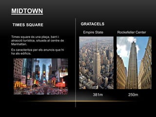 TIMES SQUARE
Times square és una plaça, barri i
atracció turística, situada al centre de
Manhattan.
Es caracteritza per els anuncis que hi
ha als edificis.
MIDTOWN
GRATACELS
250m381m
Empire State Rockefeller Center
 