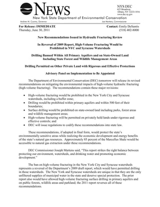 New York DEC Press Release June 30, 2011 - New Recommendations on Fracking Slide 1