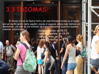 3.3 IDIOMAS:
      El idioma oficial de Nueva York y de todo Estados Unidos es el inglés, pero
aún así mucha gente habla español, siendo el segundo idioma más hablado en
Manhattan, con más de dos millones de hispanohablantes (puertorriqueños,
cubanos, colombianos...).
                                  •Lengua inglesa: un 58,1%
                                  •Lengua española: un 24,9%
                                  •Lengua china: un 5%
                                  •Lengua francesa: un 2,2%
 