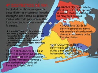 4º DISTRITOS DE NY:                            4.4 BRONX (4): Es el distrito
La ciudad de NY se compone de                  más al norte. En él se encuentra
cinco distritos o comunas llamados             el Yankee Stadium, estadio de
boroughs, una forma de gobierno                los New York Yankees.
inusual utilizada para administrar
los cinco condados que constituyen
la ciudad.                                       4.3 QUEENS (3): Es el
                                                 distrito geográfica­mente
4.1 MANHATTAN (1): Es el distrito                más grande y el condado más
más denso y hogar de la mayoría de los
                                                 diverso étnicamente de los
rascacielos de la ciudad, así como
también del Central Park.                        Estados Unidos.
Un barrio especial es CHINATOWN.
Como otros barrios del mismo nombre en
otras ciudades.                          4.2 BROOKLYN (2): Es el
                                         distrito más poblado de la
4.5 STATEN ISLAND (5): Es un             ciudad y fue una ciudad
distrito de carácter suburbano.          independiente hasta 1898.
Está conectado con Brooklyn por
el puente Verrazano Narrows y
con Manhattan a través del
Ferry de Staten Island.
 