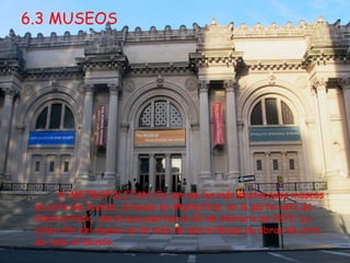 6.3 MUSEOS




      A) METROPOLITAN: Es uno de los más destacados museos
 de arte del mundo. Situado en Manhattan, en la parte este de
 Central Park, abrió sus puertas el 20 de febrero de 1872. La
 colección del museo es de más de dos millones de obras de arte
 de todo el mundo.
 