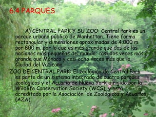 6.4 PARQUES

      A) CENTRAL PARK Y SU ZOO: Central Park es un
  parque urbano público de Manhattan. Tiene forma
  rectangular y dimensiones aproximadas de 4.000 m
  por 800 m, por lo que es más grande que dos de las
  naciones más pequeñas del mundo; casi dos veces más
  grande que Mónaco y casi ocho veces más que la
  Ciudad del Vaticano.
ZOO DE CENTRAL PARK: El zoológico de Central Park
  es parte de un sistema integrado de cuatro parques
  zoológicos y el Acuario de Nueva York dirigido por la
  Wildlife Conservation Society (WCS), y está
  acreditado por la Asociación de Zoológicos y Acuarios
  (AZA).
 