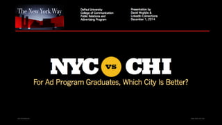 The	
  New	
  York	
  Way	
  
DePaul	
  University	
  
College	
  of	
  Communica=on	
  
Public	
  Rela=ons	
  and	
  Adver=sing	
  Program	
  
Presenta=on	
  by	
  David	
  Wojdyla	
  and	
  LinkedIn	
  connec=ons	
  
December	
  1,	
  2014	
  
	
  
NYC	
  vs	
  CHI	
  
For	
  Ad	
  Program	
  Graduates,	
  Which	
  City	
  Is	
  BeNer?	
  
AND	
  VERTISING	
  INC	
  
MAKE	
  ANDS.	
  NOT	
  ADS.	
  
 