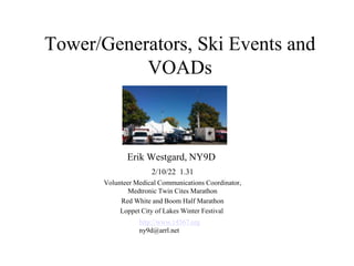Tower/Generators, Ski Events and
VOADs
Erik Westgard, NY9D
2/10/22 1.31
Volunteer Medical Communications Coordinator,
Medtronic Twin Cites Marathon
Red White and Boom Half Marathon
Loppet City of Lakes Winter Festival
http://www.14567.org
ny9d@arrl.net
 