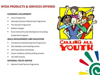 NYDA PRODUCTS & SERVICES OFFERED
ECONOMIC DVELOPMENT
• Grant Programme
• Volunteer Business Mentorship Programme
• The Voucher Programme
• Market Linkages
• Rural and Community Development (including
Cooperative Support)
SKILLS DEVELOPMENT AND EDUCATION
• Entrepreneurship Development Programme
• Jobs database and matching service
• Job Preparedness workshops
• Career Guidance and Counselling services
• Life skills training
NATIONAL YOUTH SERVICE
• National Youth Service Programme
6
 