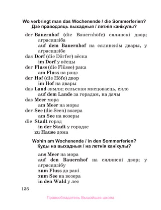 136
Wo verbringt man das Wochenende / die Sommerferien?
Дзе праводзяць выхадныя / летнія канікулы?
	 der	Bauernhof (die Bauernhцfe) сялянскі двор;
аграсядзіба
auf dem Bauernhof на сялянскім двары, у
агра­
сядзібе
	 das	Dorf (die Dцrfer) вёска
im Dorf у вёсцы
	 der	Fluss (die Flьsse) ракa
am Fluss на рацэ
	 der	Hof (die Hцfe) двор
im Hof на двары
	 das	Land зямля; сельская мясцовасць, сяло
auf dem Lande за горадам, на дачы
	 das	Meer мора
am Meer на моры
	 der	See (die Seen) возера
am See на возеры
	 die	 Stadt горад
in der Stadt у горадзе
zu Hause дома
Wohin am Wochenende / in den Sommerferien?
Куды на выхадныя / на летнія канікулы?
ans Meer на мора
auf den Bauernhof на сялянскі двор; у
аграсядзібу
zum Fluss да ракі
zum See на возера
in den Wald у леc
Правообладатель Вышэйшая школа
 