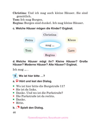 46
Christina:  Und	 ich	 mag	 auch	 kleine	 Hдuser.	 Sie	 sind	
gemьtlich.
Tom: Ich	mag	Burgen.
Regina:	Burgen	sind	dunkel.	Ich	mag	kleine	Hдuser.
c. Welche Häuser mögen die Kinder? Ergänzt.
d. Welche Häuser mögt ihr? Kleine Häuser? Große
Häuser? Moderne Häuser? Alte Häuser? Ergänzt.
Ich	mag	…  .
9 Wo ist hier bitte …?
a. Hört und lest den Dialog.
	
ƒ Wo	ist	hier	bitte	die	BurgstraЯe	11?
y
y Sie	ist	da	links.	
	
ƒ Danke.	Und	wo	ist	die	ParkstraЯe?
y
y Die	ParkstraЯe	ist	da	rechts.
	
ƒ Danke.	
y
y Bitte.
b. Spielt den Dialog.
mag	…
Petra Klaus
Regina
Christina
Tom Lars
Правообладатель Вышэйшая школа
 