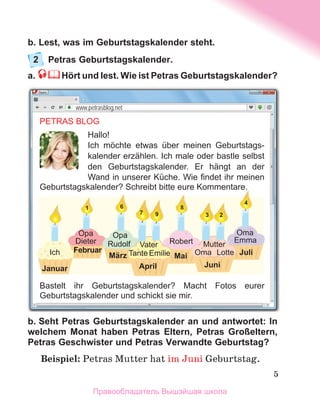 5
5
b. Lest, was im Geburtstagskalender steht.
2 Petras Geburtstagskalender.
a. Hört und lest. Wie ist Petras Geburtstagskalender?
b. Seht Petras Geburtstagskalender an und antwortet: In
welchem Monat haben Petras Eltern, Petras Großeltern,
Petras Geschwister und Petras Verwandte Geburtstag?
Beispiel: Petras Mutter hat im Juni Geburtstag .
PETRAS BLOG
Hallo!
Ich möchte etwas über meinen Geburtstags­
kalender erzählen. Ich male oder bastle selbst
den Geburtstagskalender. Er hängt an der
Wand in unserer Küche. Wie findet ihr meinen
Geburtstagskalender? Schreibt bitte eure Kommentare.
Bastelt ihr Geburtstagskalender? Macht Fotos eurer
Geburtstagskalender und schickt sie mir.
www.petrasblog.net
Geburtstagskalender? Schreibt bitte eure Kommentare.
März
Februar
Rudolf
Juli
Mutter
Juni
Oma
Emma
Mai 
Robert
Opa
Dieter
1 6 8
3 2
4
Lotte
Opa
Oma
März
Rudolf Robert
Opa
Vater
April
Emilie
7 9
Tante
Februar
Dieter
Januar
Ich
Правообладатель Вышэйшая школа
 