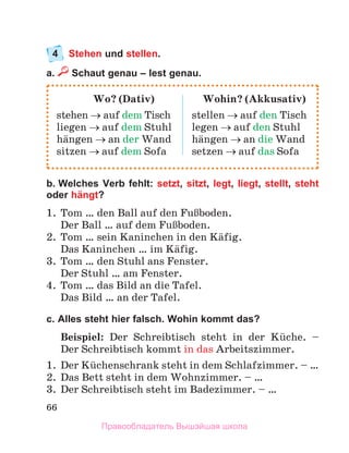 66
4	 Stehen und stellen.
a.  Schaut genau – lest genau.
b. Welches Verb fehlt: setzt, sitzt, legt, liegt, stellt, steht
oder hängt?
1.	 Tom … den Ball auf den FuЯboden. 
Der Ball … auf dem FuЯboden. 
2.	 Tom … sein Kaninchen in den Kдfig.
Das Kaninchen … im Kдfig.
3.	 Tom … den Stuhl ans Fenster.
Der Stuhl … am Fenster.
4.	 Tom … das Bild an die Tafel.
Das Bild … an der Tafel.
c. Alles steht hier falsch. Wohin kommt das?
Beispiel: Der Schreibtisch steht in der Kьche.  –
Der Schreibtisch kommt in das Arbeitszimmer.
1.	 Der Kьchenschrank steht in dem Schlafzimmer. – …
2.	 Das Bett steht in dem Wohnzimmer. – …
3.	 Der Schreibtisch steht im Badezimmer. – …
	 Wo? (Dativ)	 Wohin? (Akkusativ)
stehen → auf dem Tisch	 stellen → auf den Tisch
liegen → auf dem Stuhl	 legen → auf den Stuhl
hдngen → an der Wand	 hдngen → an die Wand
sitzen → auf dem Sofa	 setzen → auf das Sofa
Правообладатель Вышэйшая школа
 