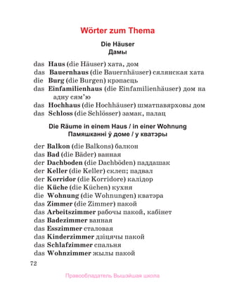 72
Wörter zum Thema
Die Häuser
Дамы
	 das	 Haus (die Hдuser) хата, дом
	 das	 Bauernhaus (die Bauernhдuser) сялянская хата
	 die	 Burg (die Burgen) крэпасць
	 das	 Einfamilienhaus (die Einfamilienhдuser) дом на
адну сям’ю
	 das	 Hochhaus (die Hochhдuser) шматпавярховы дом
	 das	 Schloss (die Schlцsser) замак, палац
Die Räume in einem Haus / in einer Wohnung
Памяшканні ў доме / у кватэры
	 der	Balkon (die Balkons) балкон
	 das	Bad (die Bдder) ванная
	 der	Dachboden (die Dachbцden) паддашак
	 der	Keller (die Keller) склеп; падвал
	 der	Korridor (die Korridore) калідор
	 die	 Kьche (die Kьchen) кухня
	 die	 Wohnung (die Wohnungen) кватэра
	 das	Zimmer (die Zimmer) пакой
	 das	Arbeitszimmer рабочы пакой, кабінет
	 das	Badezimmer ванная
	 das	Esszimmer сталовая
	 das	Kinderzimmer дзіцячы пакой
	 das	Schlafzimmer спальня
	 das	Wohnzimmer жылы пакой
Правообладатель Вышэйшая школа
 