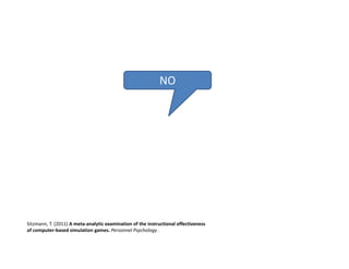 NO




Sitzmann, T. (2011) A meta‐analytic examination of the instructional effectiveness 
of computer‐based simulation games. Personnel Psychology .
 