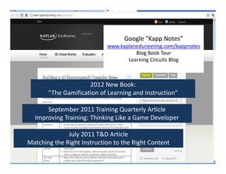 Google “Kapp Notes”
                            www.kaplaneduneering.com/kappnotes
                                      Blog Book Tour
                                   Learning Circuits Blog



                     2012 New Book:
       “The Gamification of Learning and Instruction”

      September 2011 Training Quarterly Article
  Improving Training: Thinking Like a Game Developer

              July 2011 T&D Article
Matching the Right Instruction to the Right Content
 