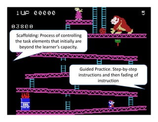 Scaffolding: Process of controlling 
the task elements that initially are 
  beyond the learner’s capacity. 



                                   Guided Practice. Step‐by‐step 
                                  instructions and then fading of 
                                            instruction
 