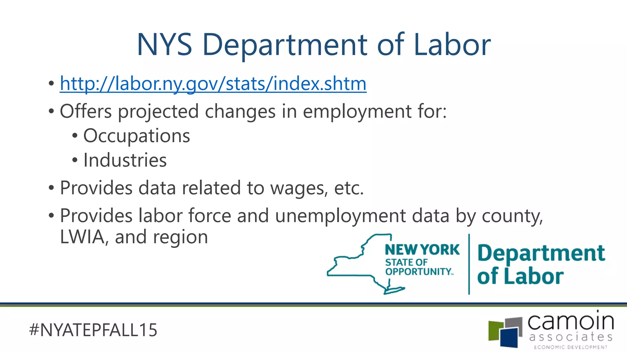 #NYATEPFALL15
NYS Department of Labor
• http://labor.ny.gov/stats/index.shtm
• Offers projected changes in employment for:
• Occupations
• Industries
• Provides data related to wages, etc.
• Provides labor force and unemployment data by county,
LWIA, and region
 