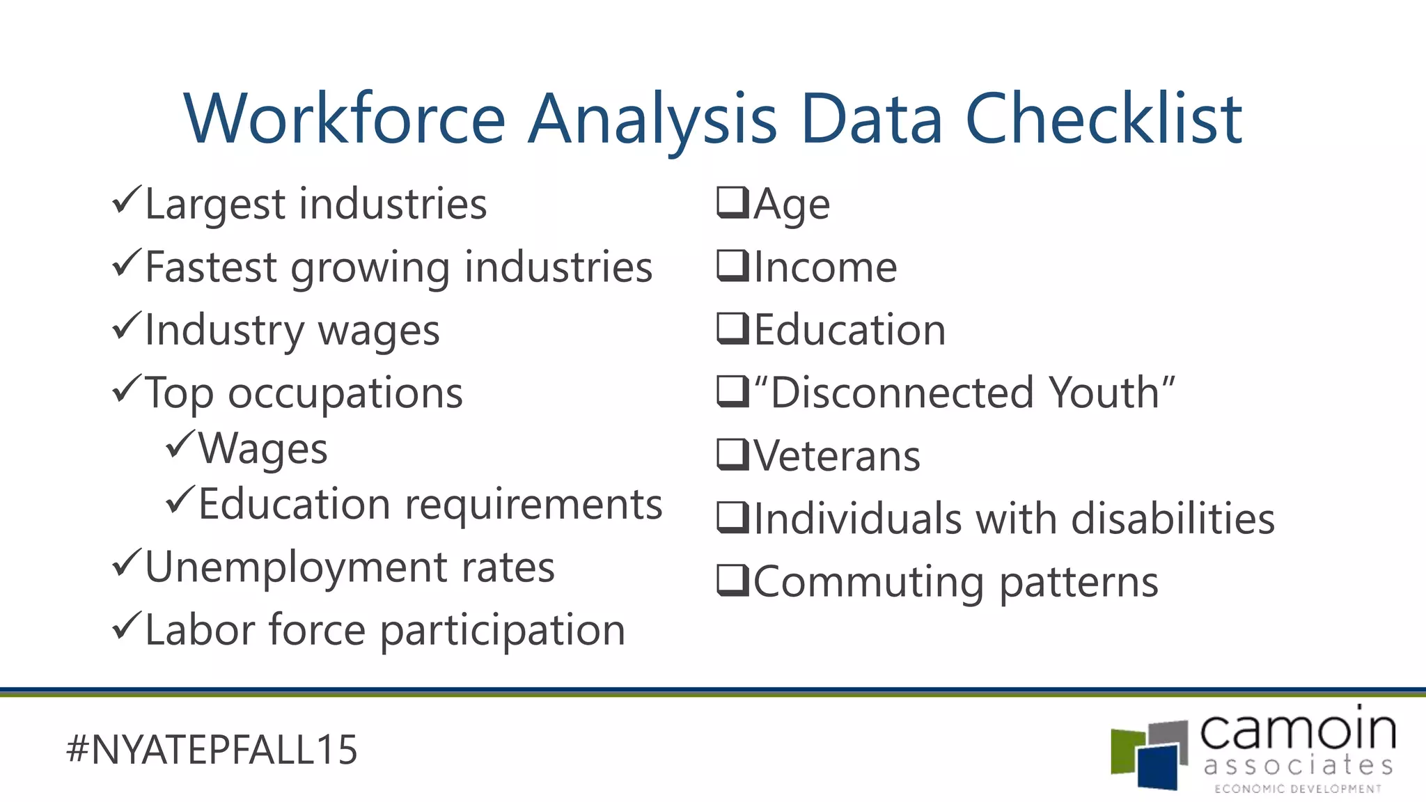 #NYATEPFALL15
Workforce Analysis Data Checklist
Largest industries
Fastest growing industries
Industry wages
Top occupations
Wages
Education requirements
Unemployment rates
Labor force participation
Age
Income
Education
“Disconnected Youth”
Veterans
Individuals with disabilities
Commuting patterns
 