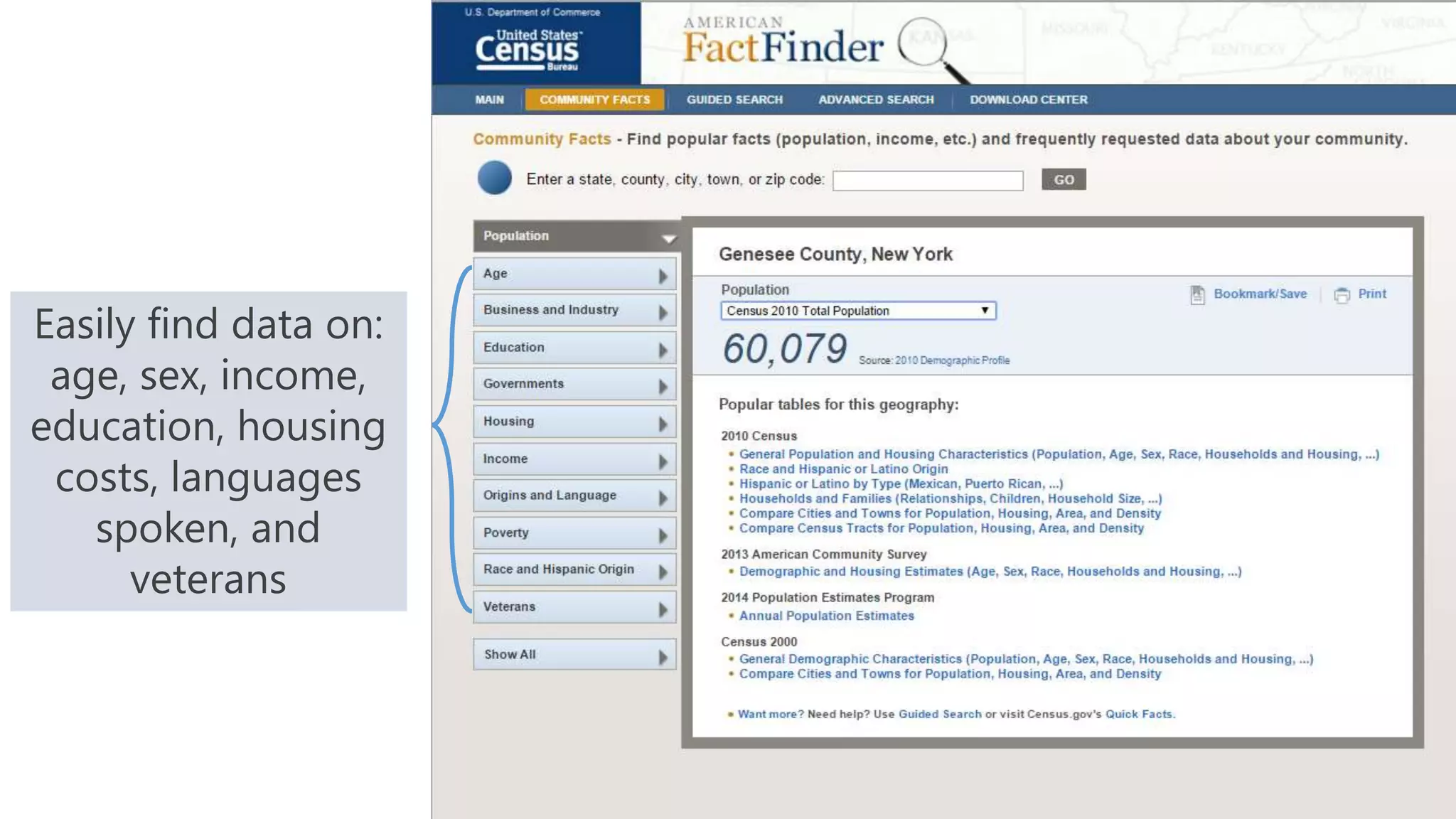 #NYATEPFALL15
Easily find data on:
age, sex, income,
education, housing
costs, languages
spoken, and
veterans
 